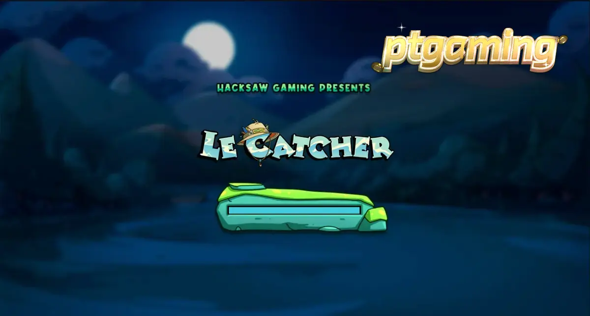 Isang masayang raccoon na mangingisda sa isang gabing may buwan sa Le Catcher slot.
